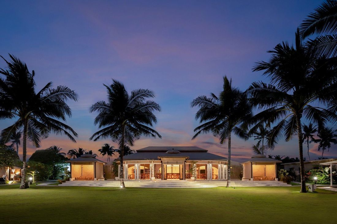 The main pavilion and lawn at twilight
