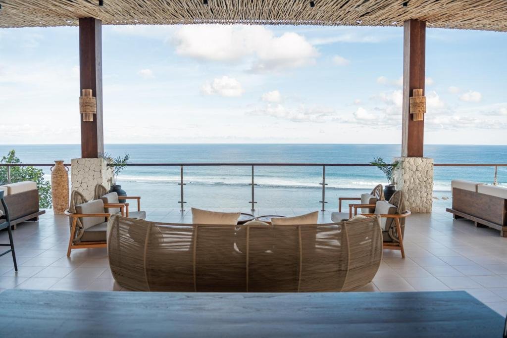 Ocean-view lounge with a rattan sofa